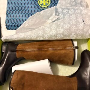 Brand new Tory Burch Kensington Shearling Lined Suede and Leather Riding Boots